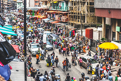 Downtown Lagos with a lot of people in the street